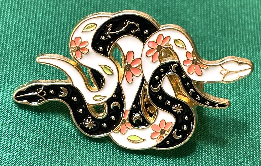 NWOT Snake Brooch Lapel Pin Enamel Black White Pink Flowers Floral Gold Toned